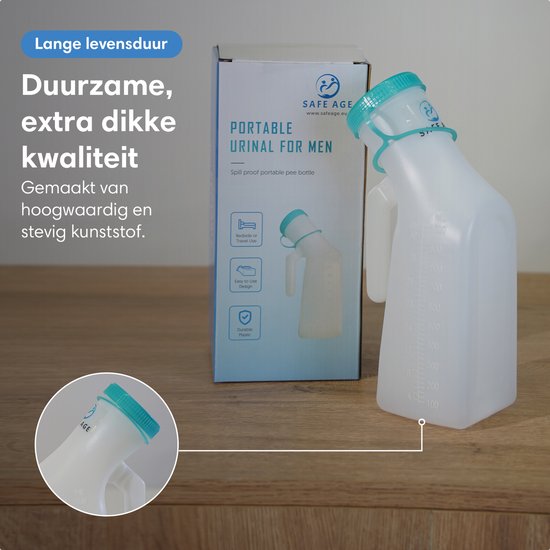 Urinoir Safe Life pour hommes – Équipé d'un bouchon à vis fluorescent, d'une poignée ergonomique et d'une large ouverture – Pour la maison et les déplacements – En plastique transparent et blanc – Contenance d'un litre