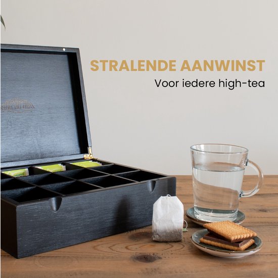 Boîte à thé Nimma - 12 compartiments - Boîte à thé noire - Fermeture magnétique - Boîte à thé - Boîte à thé en vrac - Noire