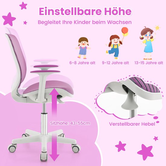 Chaise de bureau pour enfants Coast - Chaise pivotante ergonomique avec accoudoirs et roulettes - Hauteur d'assise 43-55 cm
