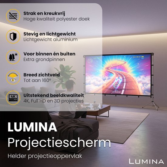 Écran de projection Lumina® 100 pouces – Écran de projection avec trépied – Indéformable – Pliable – Avec sac de transport – Pour l'intérieur et l'extérieur