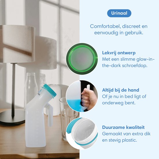 Urinoir Safe Life pour hommes – Équipé d'un bouchon à vis fluorescent, d'une poignée ergonomique et d'une large ouverture – Pour la maison et les déplacements – En plastique transparent et blanc – Contenance d'un litre
