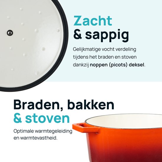 MOA Casserole en fonte - 5,7L - Pour toutes les sources de chaleur, y compris l'induction - Avec couvercle - Ø 26cm - Revêtement antiadhésif - Sans PFAS - Rouge