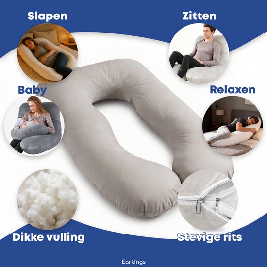 Earkings Pregnancy Pillow Side Sleep Pillow U-shape 140x80 cm Light Grey