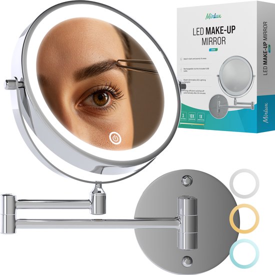 Mirlux Miroir de maquillage avec éclairage LED - Rechargeable - grossissement 5x - Miroir grossissant avec lumière - Miroir de rasage - Miroir de salle de bain - Chrome
