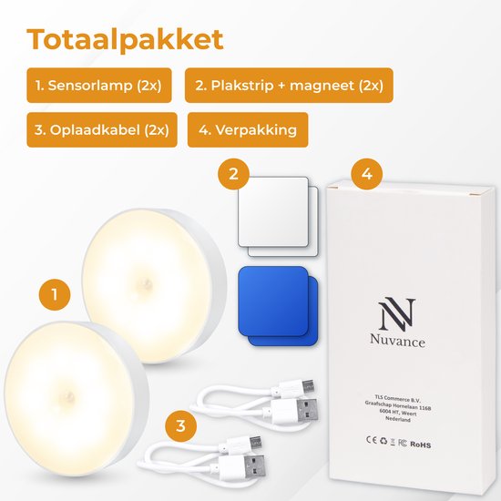 Nuvance - Lampe à Led sans fil - 2 pièces - Lumière blanc chaud - Magnétique - Détecteur jour et nuit - Rechargeable par Usb - Lampe de placard - Lampe murale