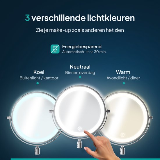 Mirlux Miroir de maquillage avec éclairage LED - Rechargeable - grossissement 5x - Miroir grossissant avec lumière - Miroir de rasage - Miroir de salle de bain - Chrome