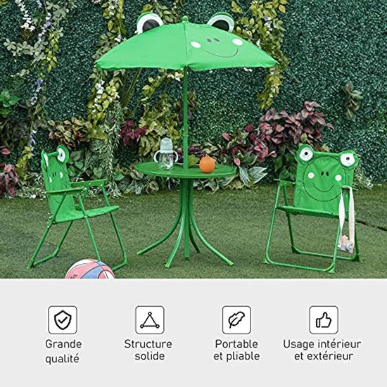 Salon de jardin pour enfants - 4 pièces grenouille avec table ronde et chaises pliantes