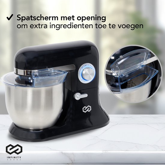 Infinity Goods Robot de cuisine - Mélangeur de cuisine - Bol de mélange en acier inoxydable de 6,5L - Robot de cuisine - Robot ménager - Avec accessoires - 1600W - Noir