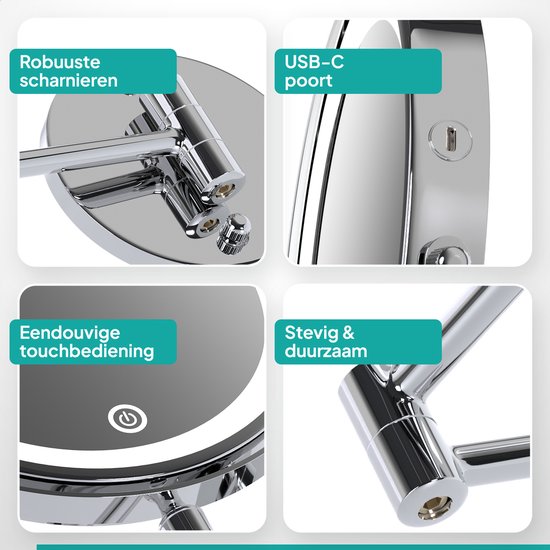Mirlux Miroir de maquillage avec éclairage LED - Rechargeable - grossissement 5x - Miroir grossissant avec lumière - Miroir de rasage - Miroir de salle de bain - Chrome