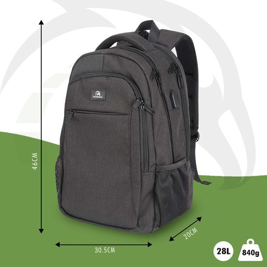 Sac à dos Travelhawk - 36 L - 17 pouces - Gris - Sac à dos pour ordinateur portable - Homme et femme - Hydrofuge - Avec port de recharge USB