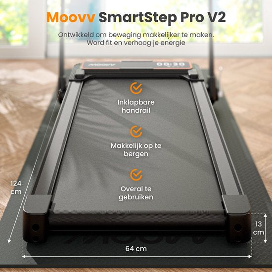 Moovv Tapis de course Smartstep Pro V2 - 1-12 km/h - pliable - 124 x 54 x 105 cm - noir