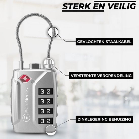 Serrure de valise - EverNeeds - Serrure TSA - Cadenas à 4 chiffres - Serrure à chiffres - Argent - 2 pièces