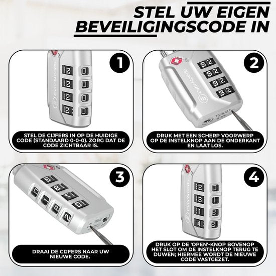 Serrure de valise - EverNeeds - Serrure TSA - Cadenas à 4 chiffres - Serrure à chiffres - Argent - 2 pièces