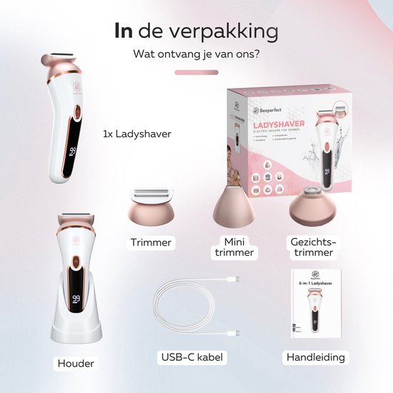 Beeperfect® 3 in 1 Ladyshaves For Women Prime - Rasoir féminin - Tondeuse bikini - Rechargeable - Étanche - 3 accessoires