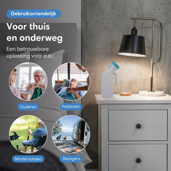Urinoir Safe Life pour hommes – Équipé d'un bouchon à vis fluorescent, d'une poignée ergonomique et d'une large ouverture – Pour la maison et les déplacements – En plastique transparent et blanc – Contenance d'un litre