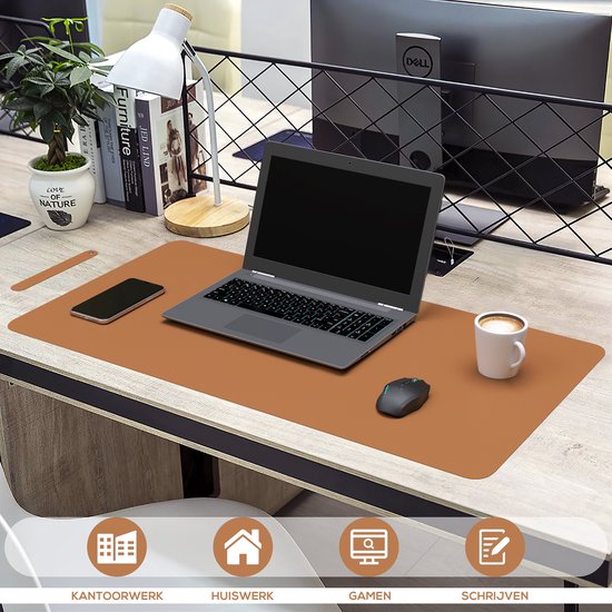 WURK Tapis de bureau professionnel en cuir synthétique - Organisateur de bureau - Tapis de bureau - Accessoires de bureau - Tapis de souris XXL- Inclut un clip de câble - 120x60 - Cognac Brown