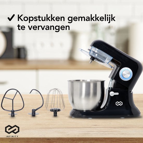Infinity Goods Robot de cuisine - Mélangeur de cuisine - Bol de mélange en acier inoxydable de 6,5L - Robot de cuisine - Robot ménager - Avec accessoires - 1600W - Noir