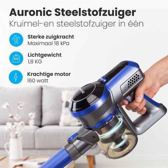 Auronic Aspirateur-balai sans fil 4-en-1 - Sans sac - 160W - Avec lumière LED, filtre HEPA et accessoires - Bleu/Gris