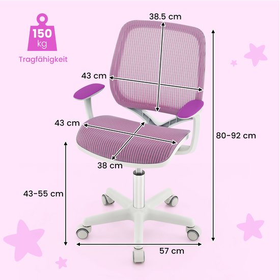 Chaise de bureau pour enfants Coast - Chaise pivotante ergonomique avec accoudoirs et roulettes - Hauteur d'assise 43-55 cm
