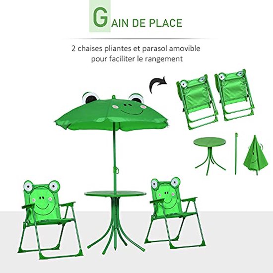 Salon de jardin pour enfants - 4 pièces grenouille avec table ronde et chaises pliantes