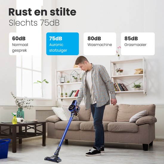 Auronic Aspirateur-balai sans fil 4-en-1 - Sans sac - 160W - Avec lumière LED, filtre HEPA et accessoires - Bleu/Gris