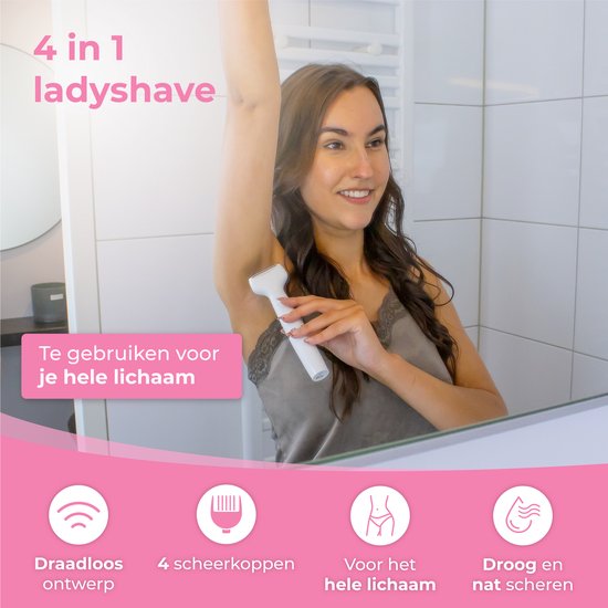 Nuvance - Ladyshave - rasoirs pour femmes - 4 accessoires - avec tondeuse à sourcils - tondeuse bikini - rasoir femme - rasage féminin - blanc