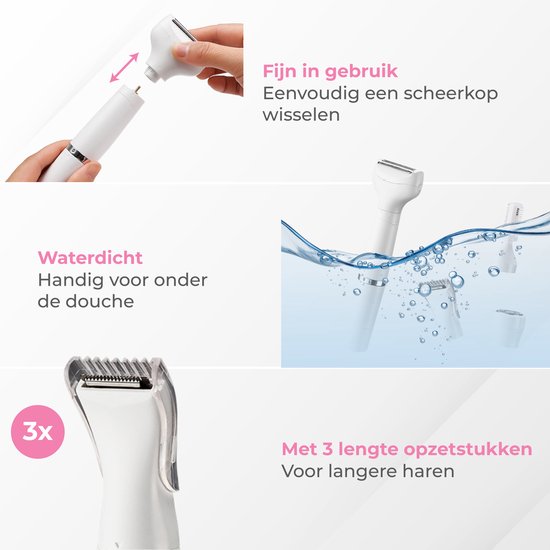 Nuvance - Ladyshave - rasoirs pour femmes - 4 accessoires - avec tondeuse à sourcils - tondeuse bikini - rasoir femme - rasage féminin - blanc