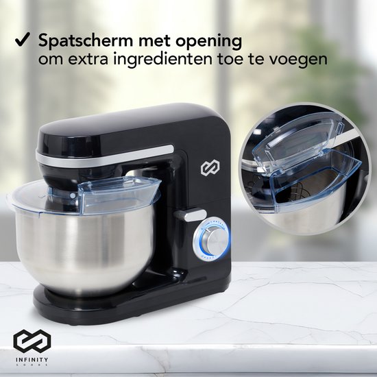 Infinity Goods Robot de cuisine - Mélangeur de cuisine - Bol de mélange en acier inoxydable de 5L - Robot de cuisine - Robot ménager - Accessoires inclus - 1000W - Noir