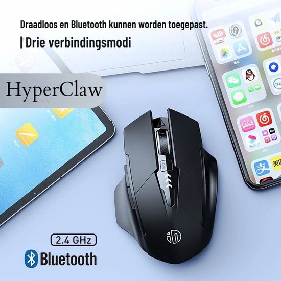 Souris de jeu HyperClaw Elementkey - 2 en 1 Bluetooth 5.0/4.0 + 2.4Ghz - 6 boutons - 1000/1200/1600DPI - Indicateur de batterie - Noir