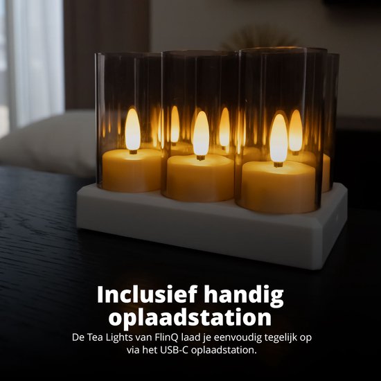 FlinQ Lampe à thé LED rechargeable - Flamme mobile - Télécommande incluse - Lot de 6 - Ø4 x 5,5 cm - Blanc