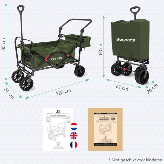 LifeGoods Wagon - roues pivotantes - système de freinage - jusqu'à 120 kg - 120 x 61 x 80 cm - vert