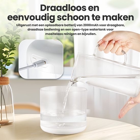 Humidificateur - 1.5L - Humidificateur - Purificateur d'air - Sans fil et rechargeable - Humidificateur pour chambre de bébé - Silencieux - Humidificateurs - Blanc - Saaf