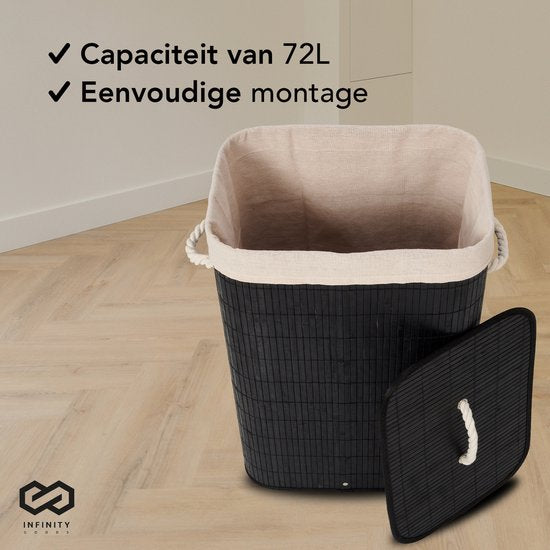 Infinity Goods Panier à linge avec couvercle noir - Bambou - Trieur de linge - Sac à linge en coton lavable - Poignées - 72 litres - Noir