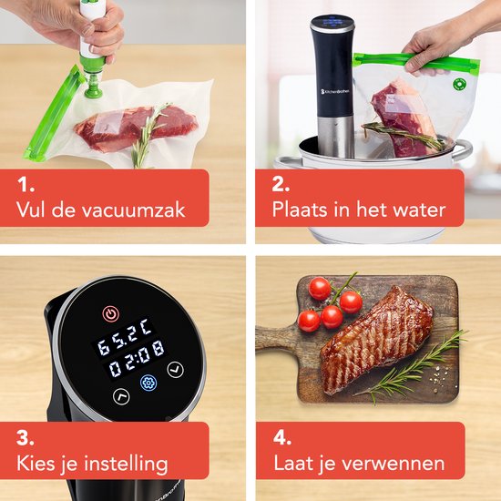 KitchenBrothers Stick Sous Vide - Accessoires inclus - 1200 W - 11 x 7,5 x 34,7 cm - Noir/RVS