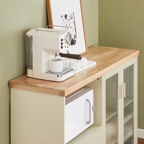 SoBuy - Buffet à tiroirs - 120 x 40 x 90 cm & avec portes en verre - équipé d'étagères intérieures et d'un porte-bouteilles - pour la cuisine, le salon ou l'entrée - Mdf laqué beige