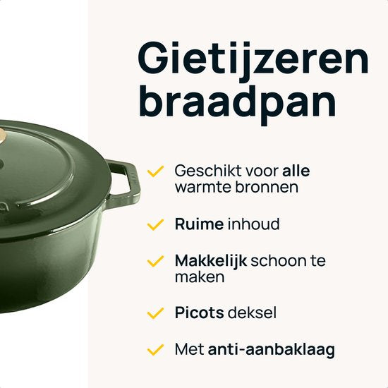MOA Casserole en fonte - 7,2L - Pour toutes les sources de chaleur y compris l'induction - Avec couvercle - Ø 30cm - Revêtement antiadhésif - Sans BPA ni PFAS - Vert