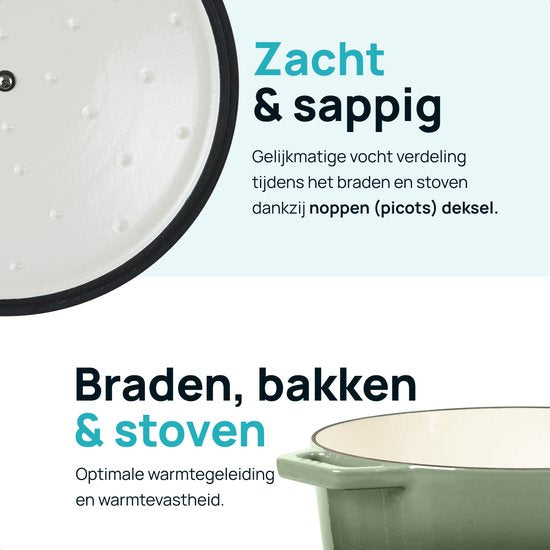 MOA Casserole en fonte - 7,2L - Pour toutes les sources de chaleur y compris l'induction - Avec couvercle - Ø 30cm - Revêtement antiadhésif - Sans BPA ni PFAS - Vert