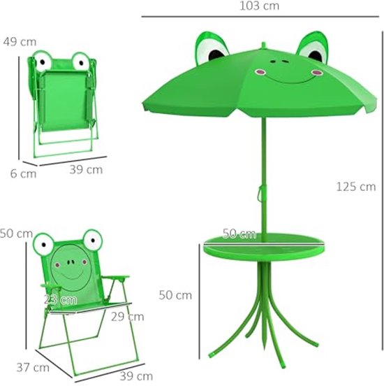 Salon de jardin pour enfants - 4 pièces grenouille avec table ronde et chaises pliantes