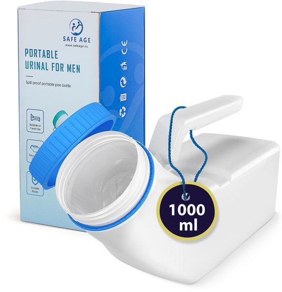 Urinoir Safe Life pour hommes – Équipé d'un bouchon à vis fluorescent, d'une poignée ergonomique et d'une large ouverture – Pour la maison et les déplacements – En plastique transparent et blanc – Contenance d'un litre