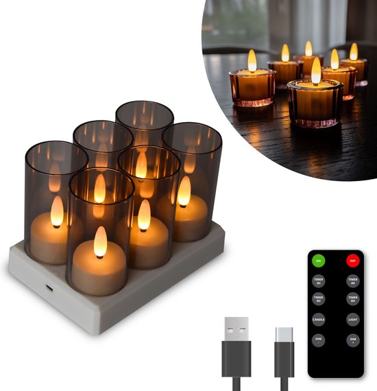 FlinQ Lampe à thé LED rechargeable - Flamme mobile - Télécommande incluse - Lot de 6 - Ø4 x 5,5 cm - Blanc