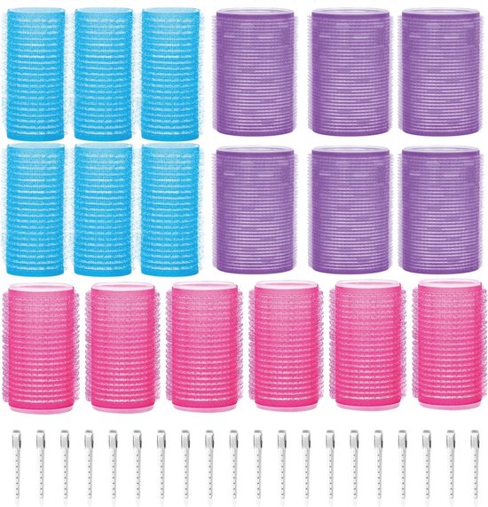 Set de 18 bigoudis - 20 pinces à cheveux incluses - Grandes - Sans chaleur - 3 tailles - bleu/rose