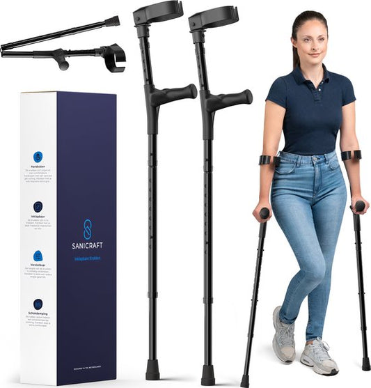 SaniCraft Elbow Crutch Crutchs Set Of Two Pieces - équipé d'une poignée ergonomique en gel, de capuchons absorbant les chocs et d'un cadre pliable - pour la rééducation et la mobilité - aluminium noir - cent vingt kilogrammes