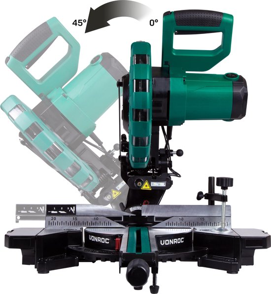 VONROC MS502AC Tronçonneuse - 2200W - 4500 tr/min - Rallonges de table réglables - Vert - 82x48x41 cm