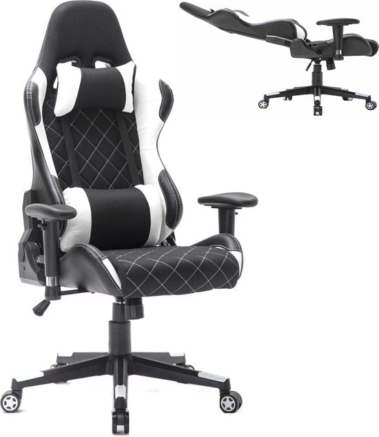 Chaise de jeu de la DMV - avec coussin pour la nuque et coussin réglable pour le dos - chaise pivotante - noir et blanc
