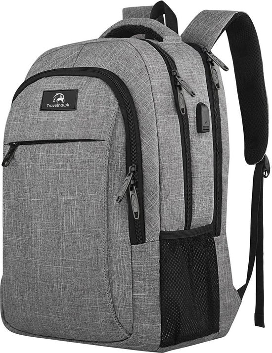 Sac à dos Travelhawk - 36 L - 17 pouces - Gris - Sac à dos pour ordinateur portable - Homme et femme - Hydrofuge - Avec port de recharge USB