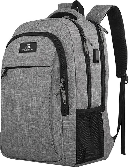 Sac à dos Travelhawk - 36 L - 17 pouces - Gris - Sac à dos pour ordinateur portable - Homme et femme - Hydrofuge - Avec port de recharge USB