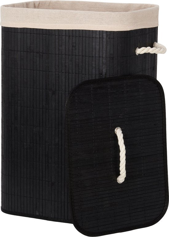Infinity Goods Panier à linge avec couvercle noir - Bambou - Trieur de linge - Sac à linge en coton lavable - Poignées - 72 litres - Noir