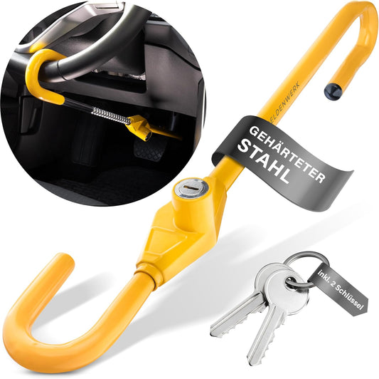 Heldenwerk Verrou de volant pour voiture - Pince universelle pour volant - Extensible jusqu'à 80 cm - Acier trempé - Jaune
