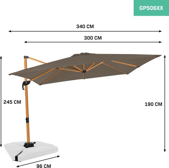 VONROC Premium Parasol Flottant Pisogne 300x300cm - Base transversale et housse de protection incluses - Parasol carré - Rotation 360° - Inclinaison - Toile résistante aux UV - Aspect bois - Noir