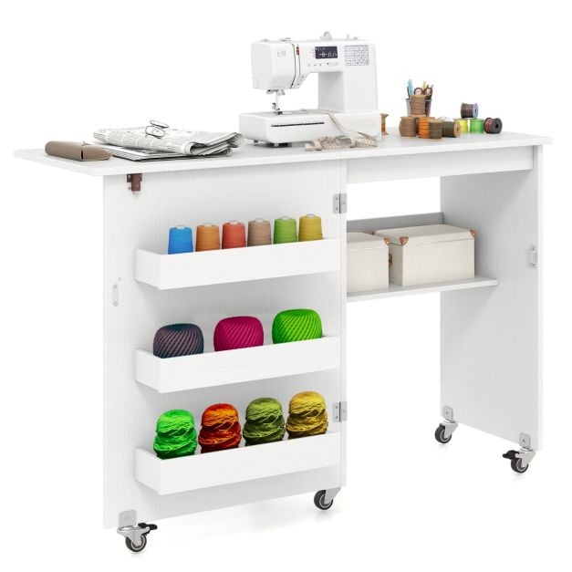 Coast Sewing Table White - Table de loisirs pliable sur roulettes avec rangement et 3 bacs cachés - 118.5 x 40 x 79.5 cm